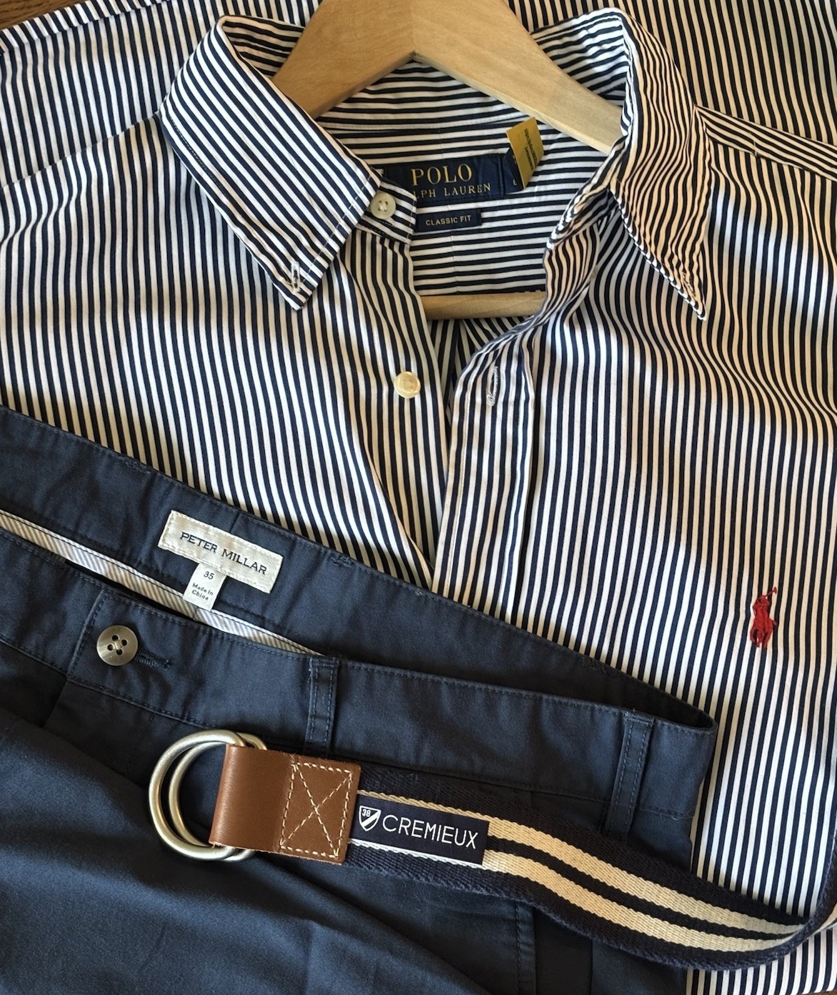 Polo Ralph Lauren Striped Shirt Peter Millar Chino Pants Cremieux Belt Outfit