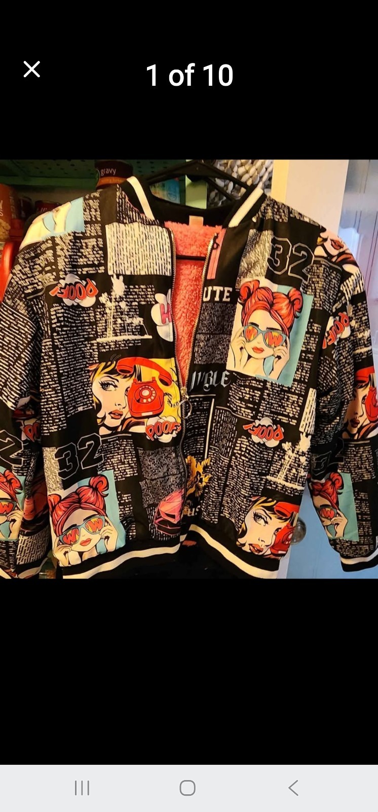 Black Graphic Print Full Zip Fleece Polyester Jacket Long Sleeve Size 160
