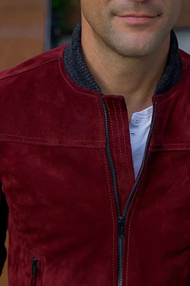 Designer Men’s Modern Real Genuine Lambskin Suede Ribbed Bomber Jacket Burgundy