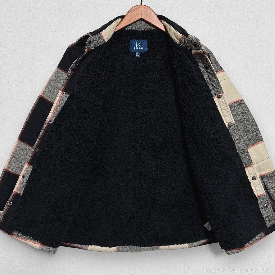 George Sherpa Lined Flannel Shacket Jacket | Black Grey Buffalo Plaid | MEDIUM