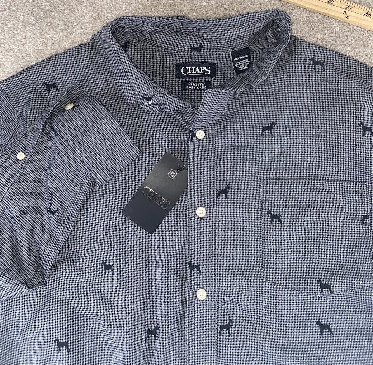 Chaps Stretch Easy Care Button Down Dog All Over print Gray Plaid Mens XL Preppy