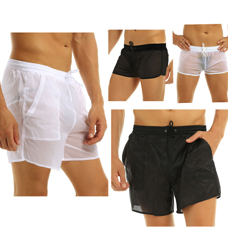 Men See Through Mesh Drawstring Boxer Shorts Quick Dry Swimming Trunks Underwear