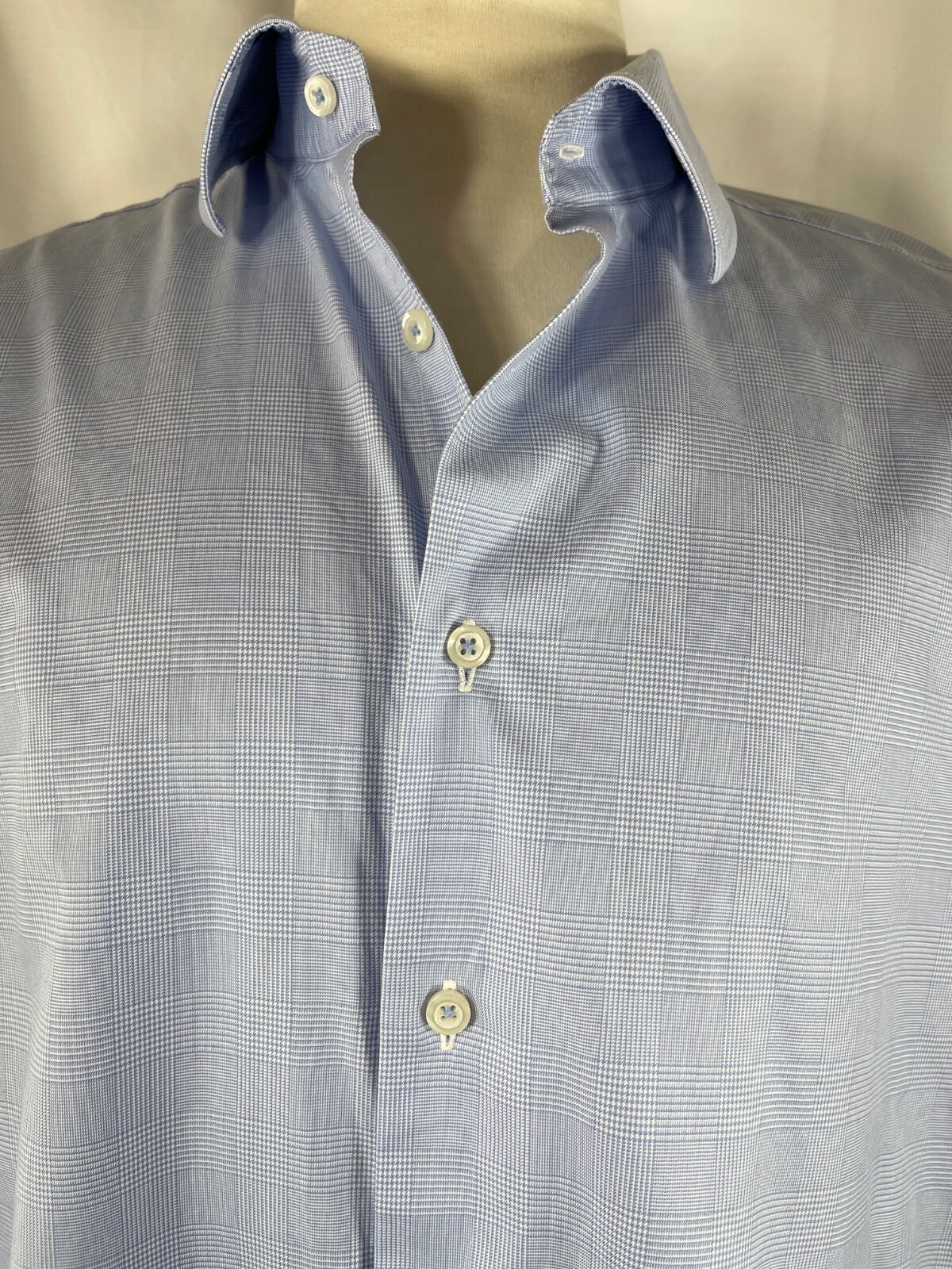 David Donahue Dress Shirt 17 34/35 Lt Blue Houndstooth 100% Cotton Business