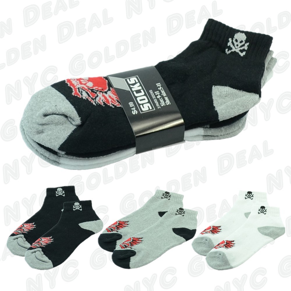 3 Pairs Ankle/Quarter Crew Mens Socks Cotton Low Cut Size 9-13 Skull