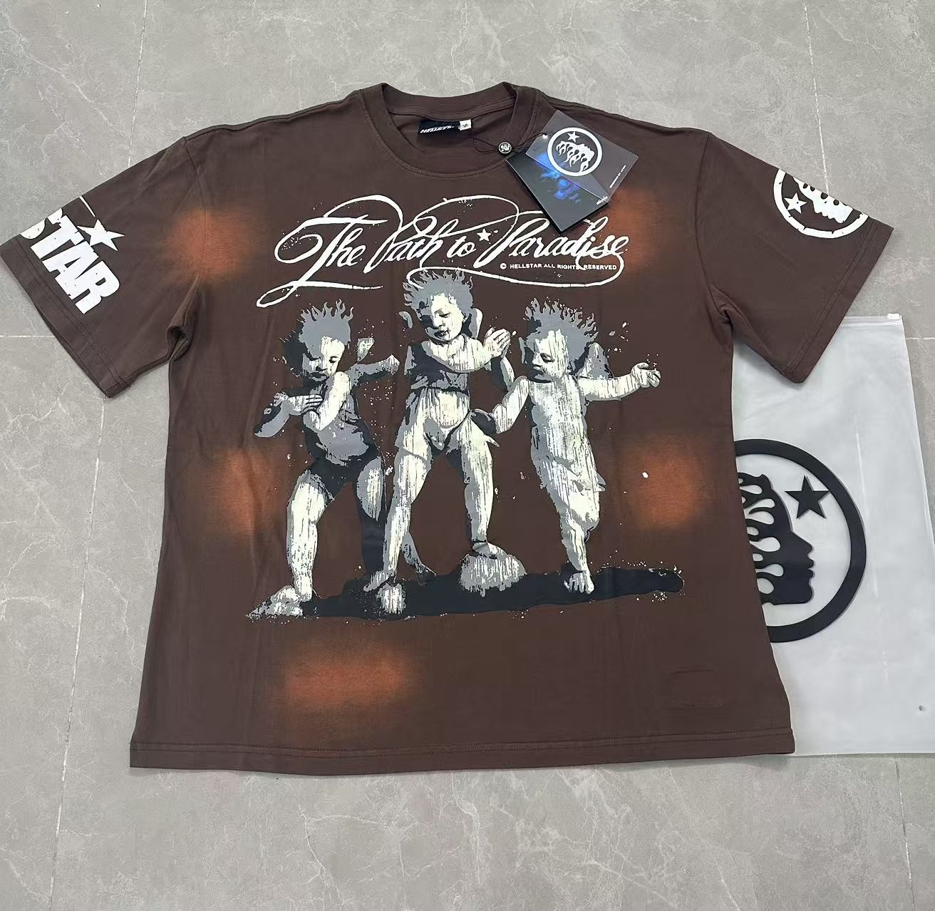 Hell Gel star Sport Angel doll Logo tee Men Short sleeved T-shirt Brown