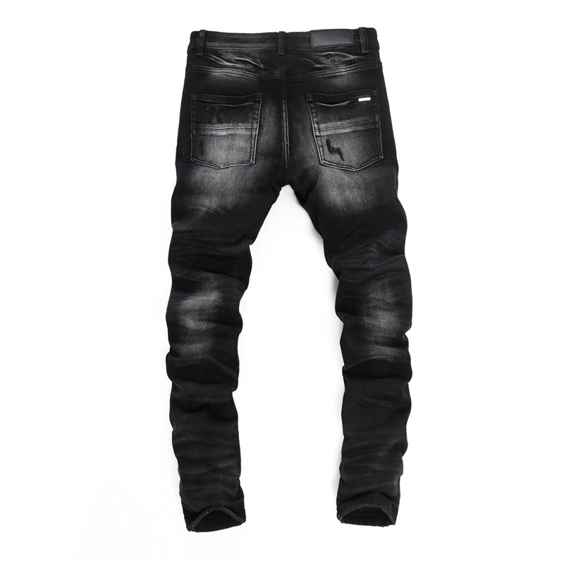 Men’s Black Ripped Distressed Skinny Jeans /Patch Details /Comfort Stretch Denim