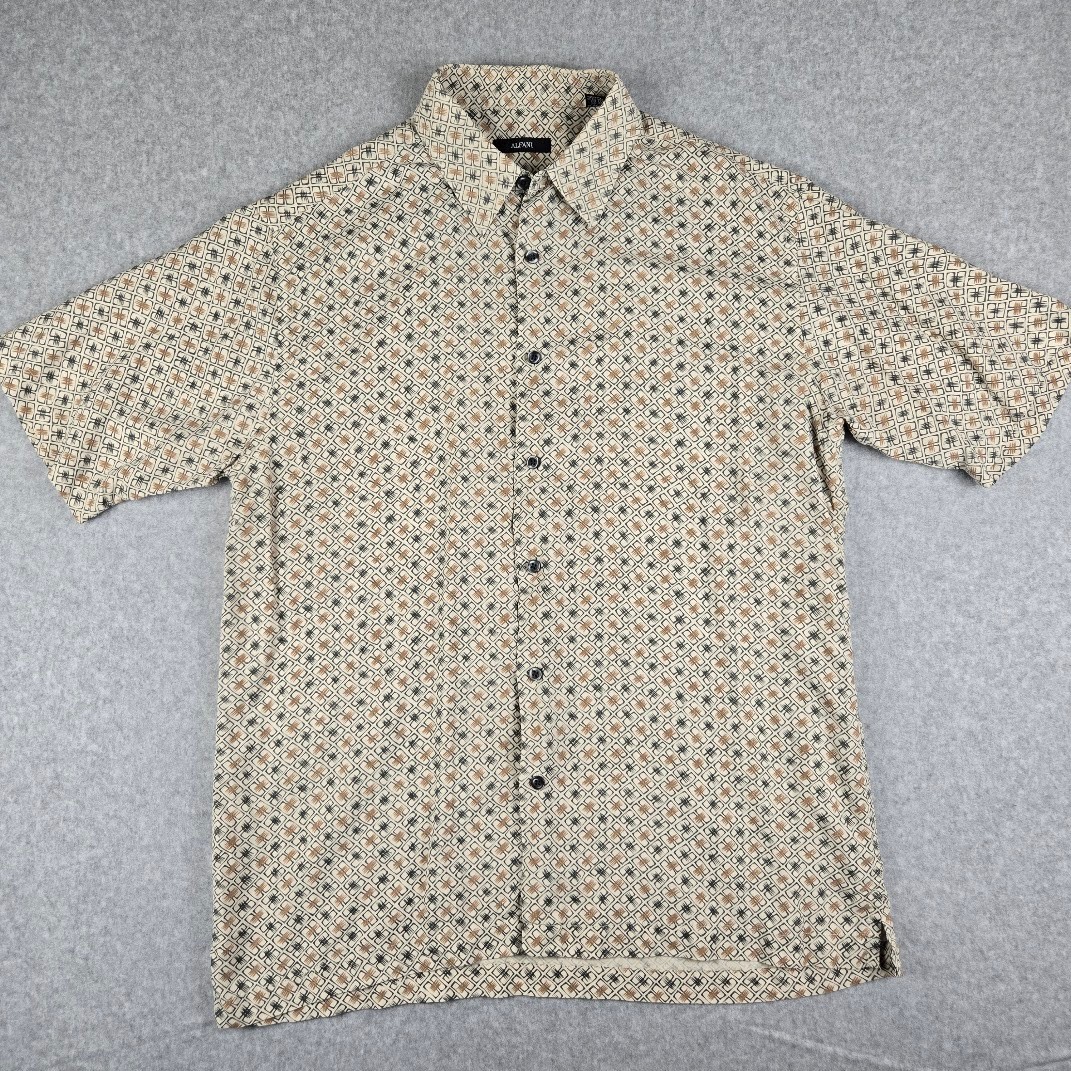 Alfani Mens Medium 100% Silk Short Sleeve Button Up Shirt Geometric Tan Beige