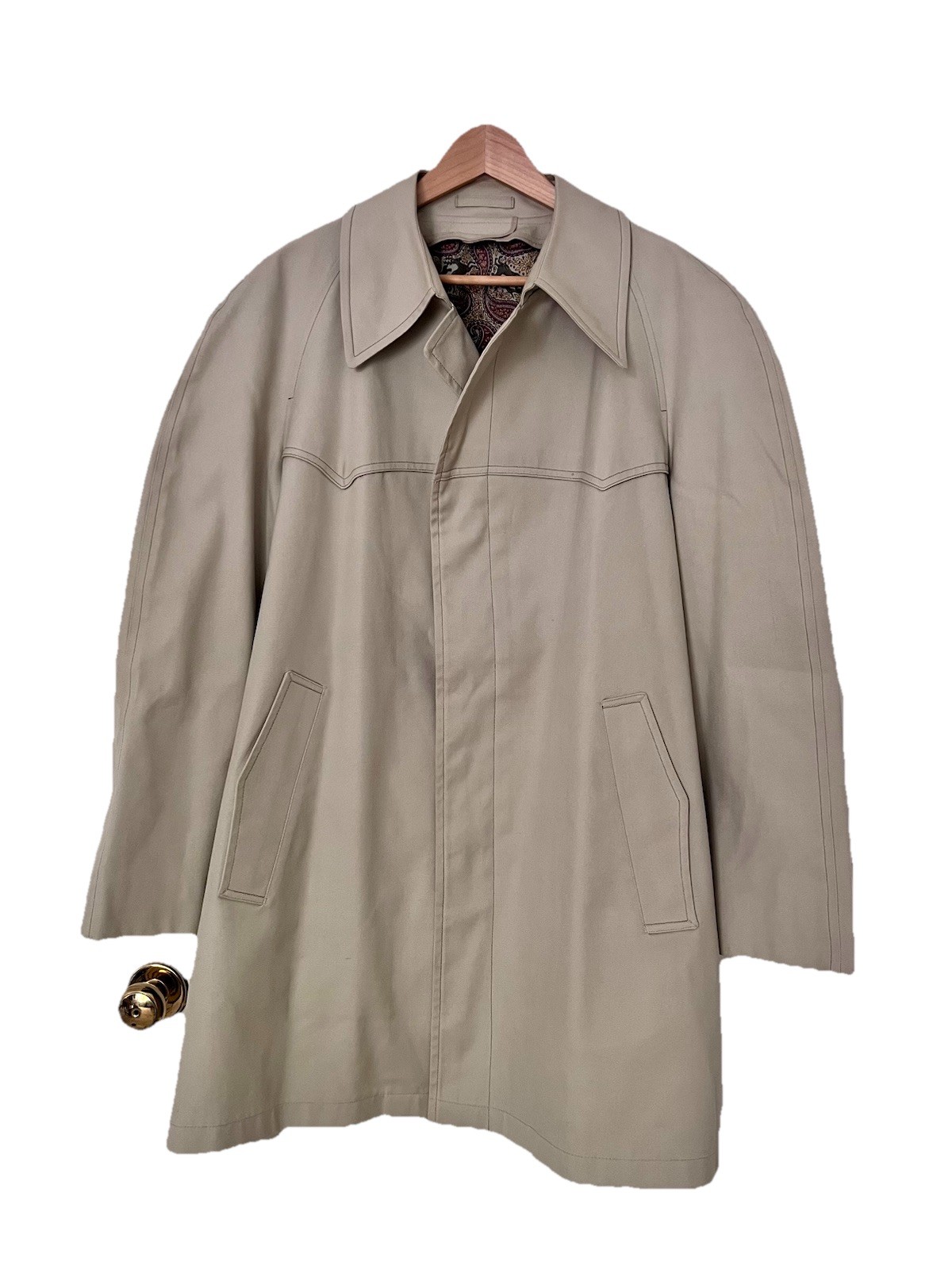 Vintage London Fog Mid Length Khaki Trench Coat Sz 44 Regular Paisley Lining