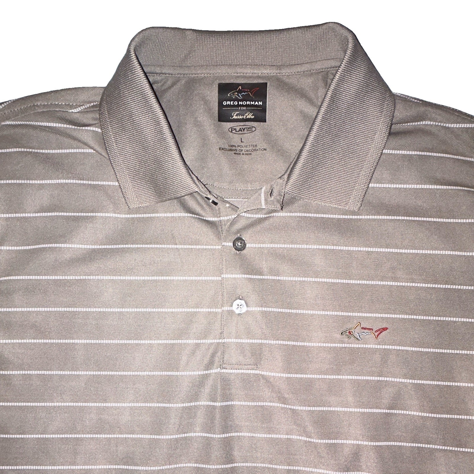 Greg Norman Play Dry Men’s L Gray/White Striped Golf Polo Shark Logo