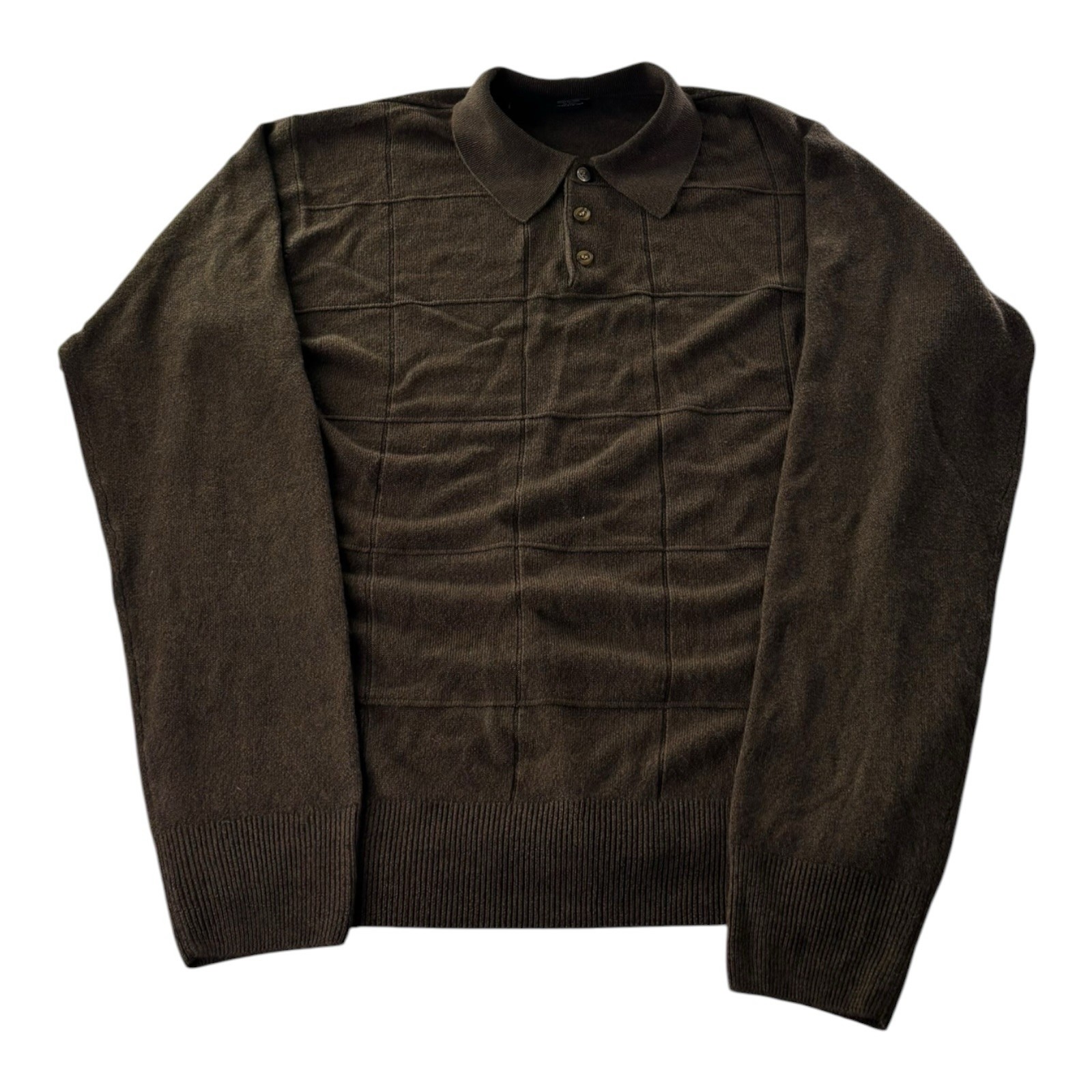 Dockers Men’s Large Brown Windowpane Knit Polo Sweater Long Sleeve Pullover