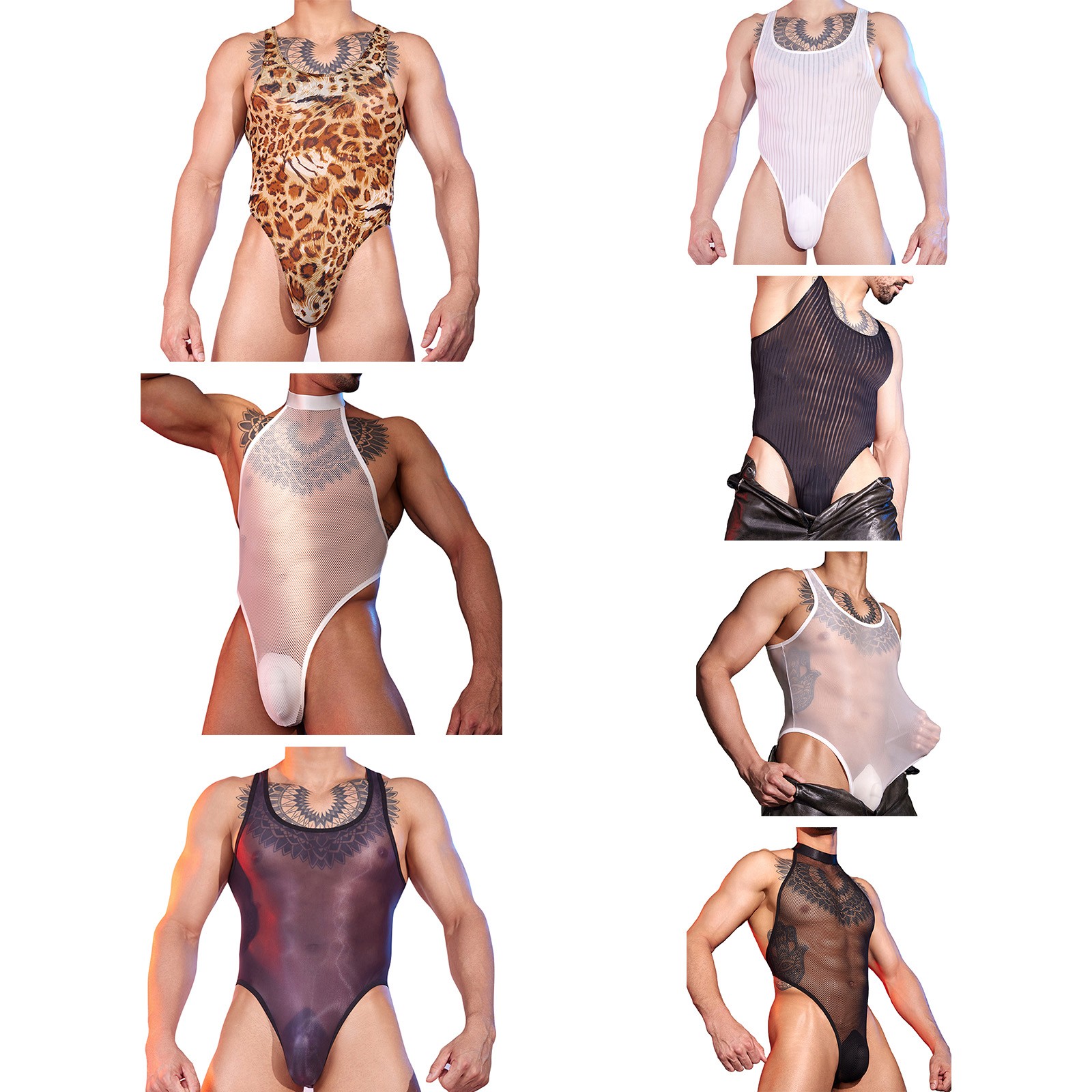 Mens See-Through Mesh Lingerie Leotard Underwear Bodysuit Jumpsuit Nightwear