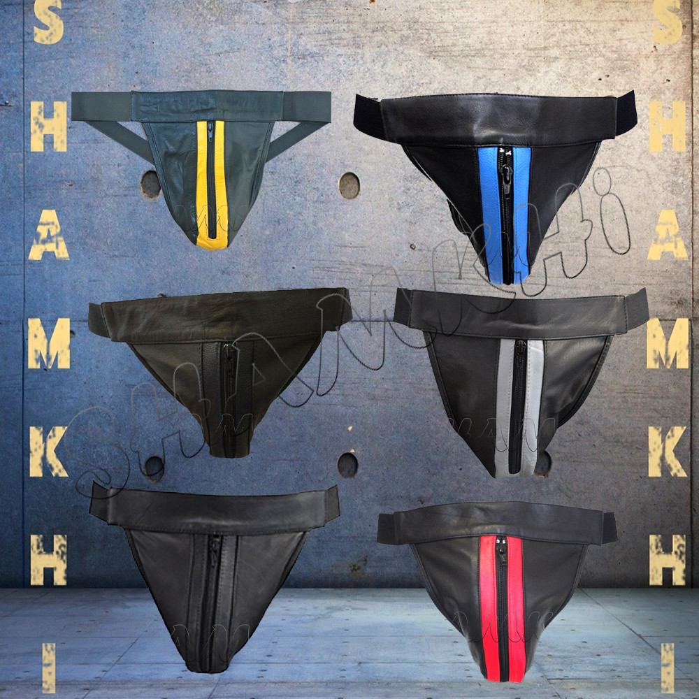 6 Pcs Genuine Leather Jockstraps Zipper Front Stripe Jocks G-Strings Jock Straps