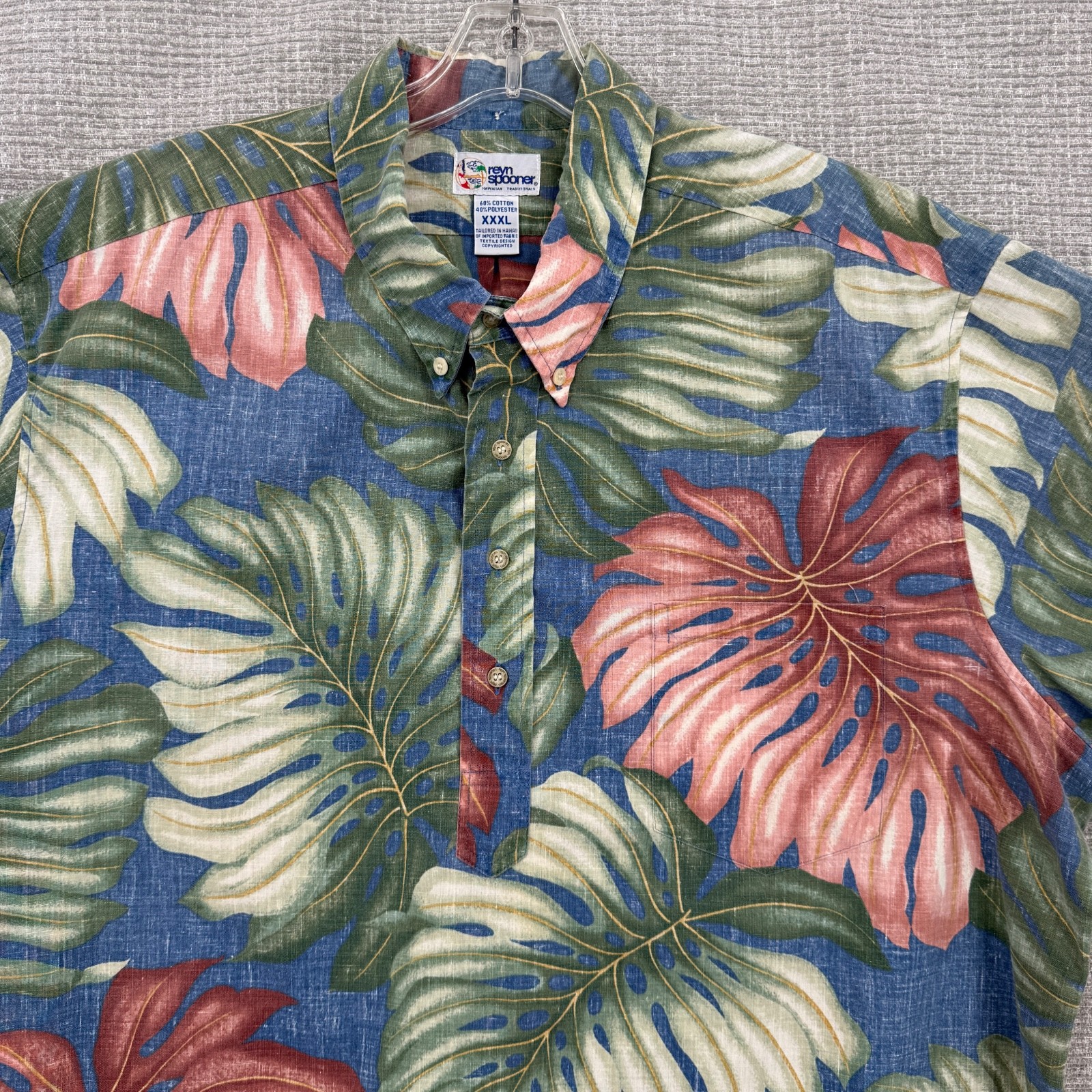 Vtg 90s Reyn Spooner Sz 3XL Hawaiian Popover Kloth Blue Green Tribal Fronds Loud
