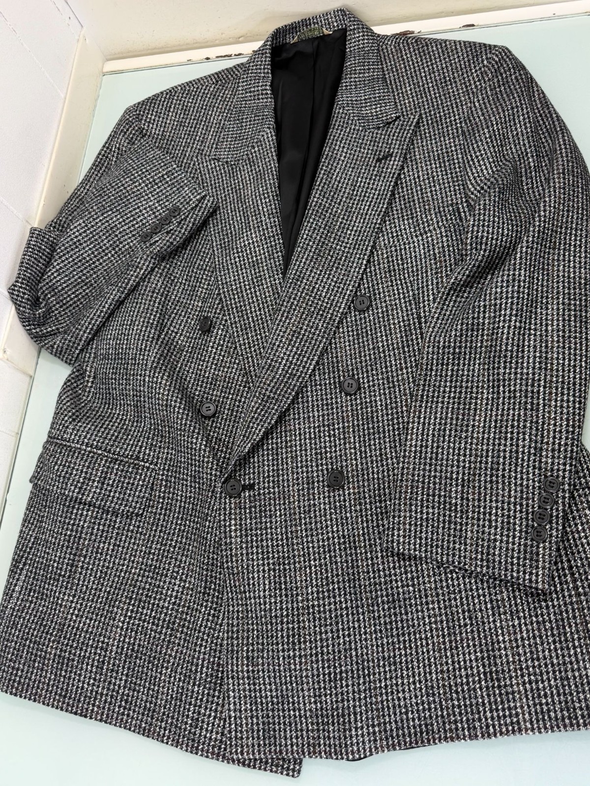 Vintage Double Breasted Blazer 46R Houndstooth Peak Lapel Ventless Made In USA