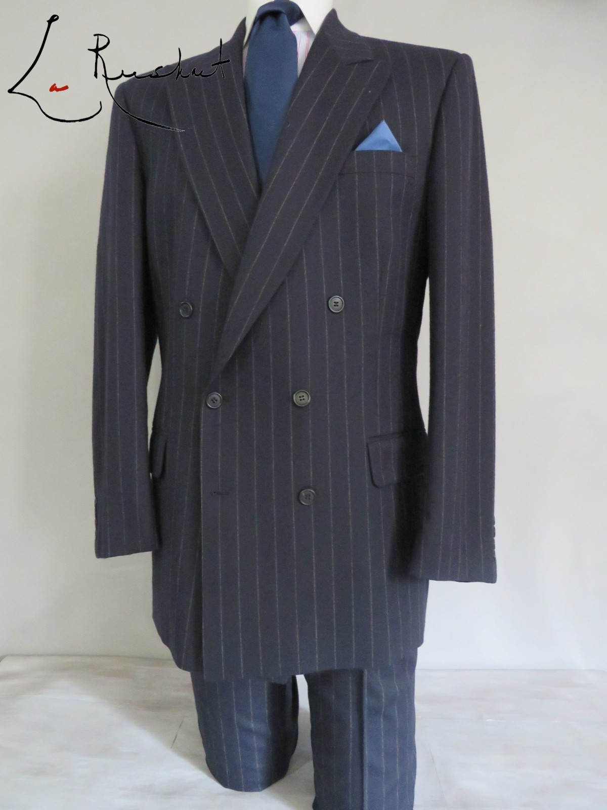 Rare Stanley Blacker “COUTURE” made in USA bold chalk stripe full suit 46 XL