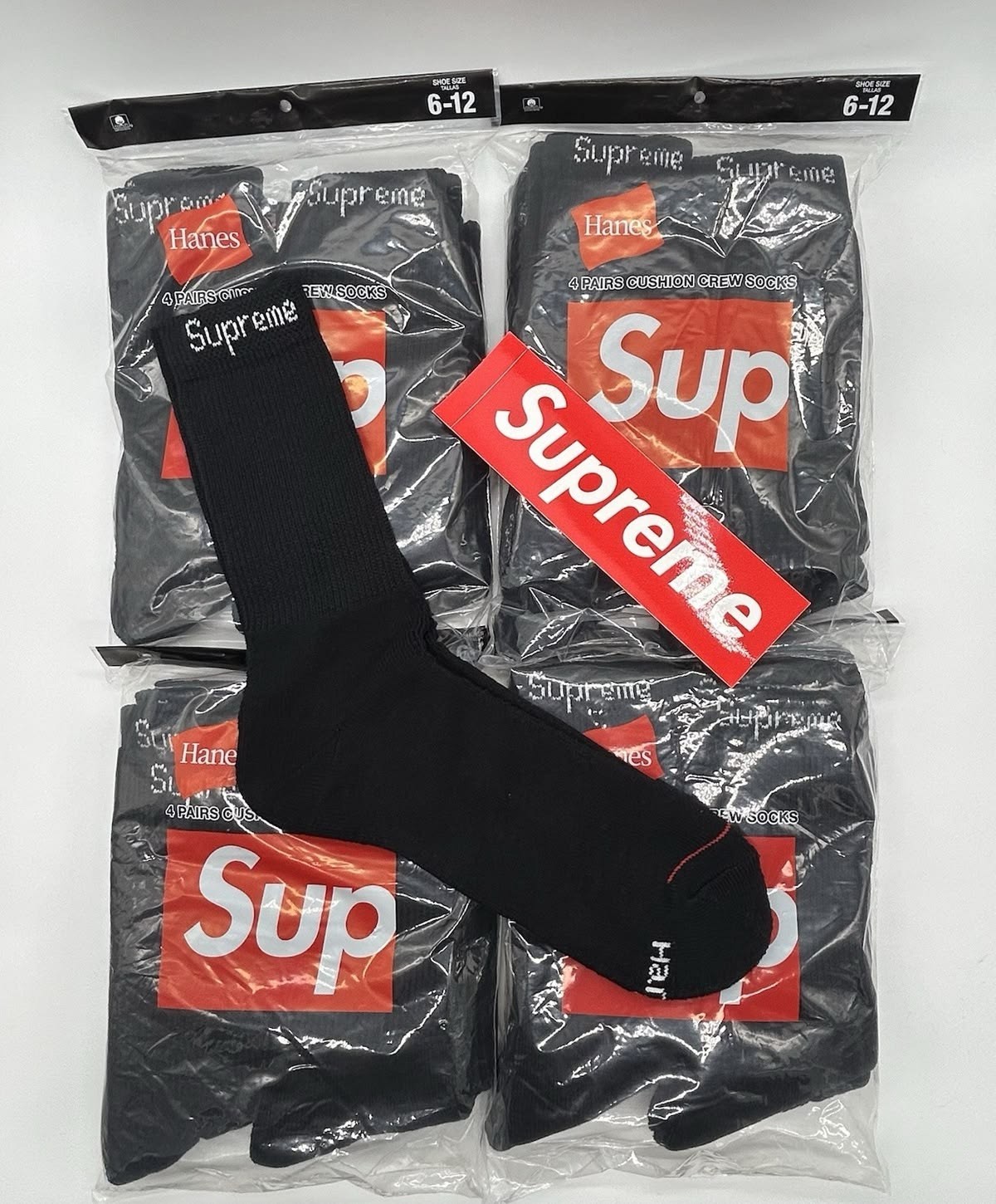 Black Crew Socks 4 Pack Supreme x Hanes Cotton Size 6-12 Casual Essential New