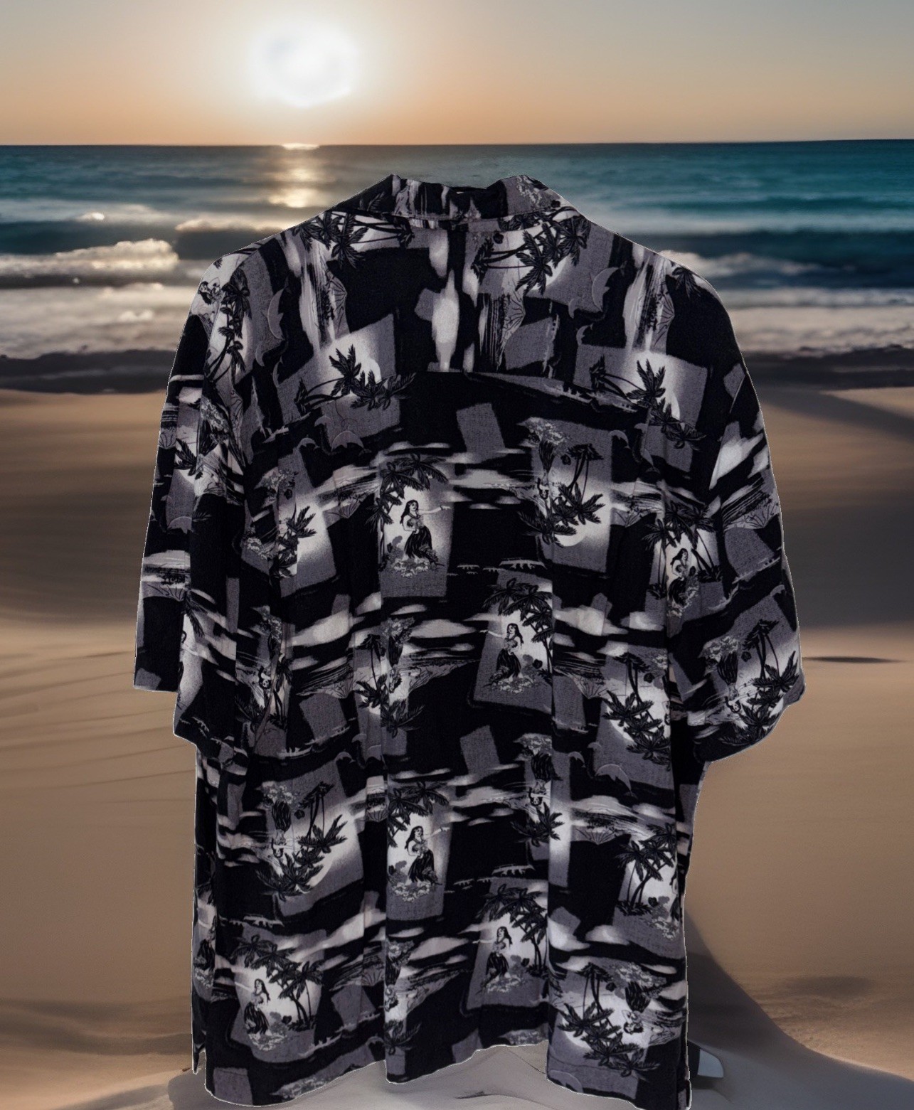Puritan Mens XL Black White Hawaiian Shirt Hula Girl Palm Tree Aloha Camp
