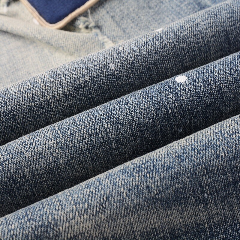 Men’s Vintage Distressed Stretch Denim Skinny Jeans with Patches and Studs
