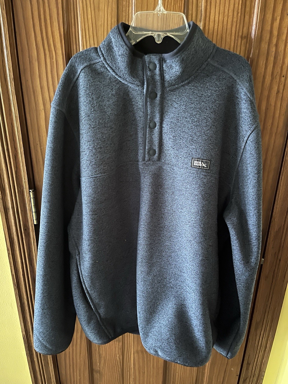 Eddie Bauer Fleece Knit Sweater Mens L Blue Long Sleeve Quarter Snap – Nice!