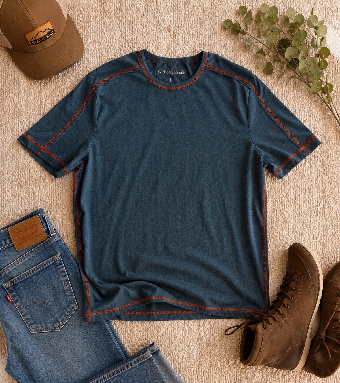Carbon2Cobalt Men’s Large Blue Orange Contrast Stitch Organic Cotton T-Shirt