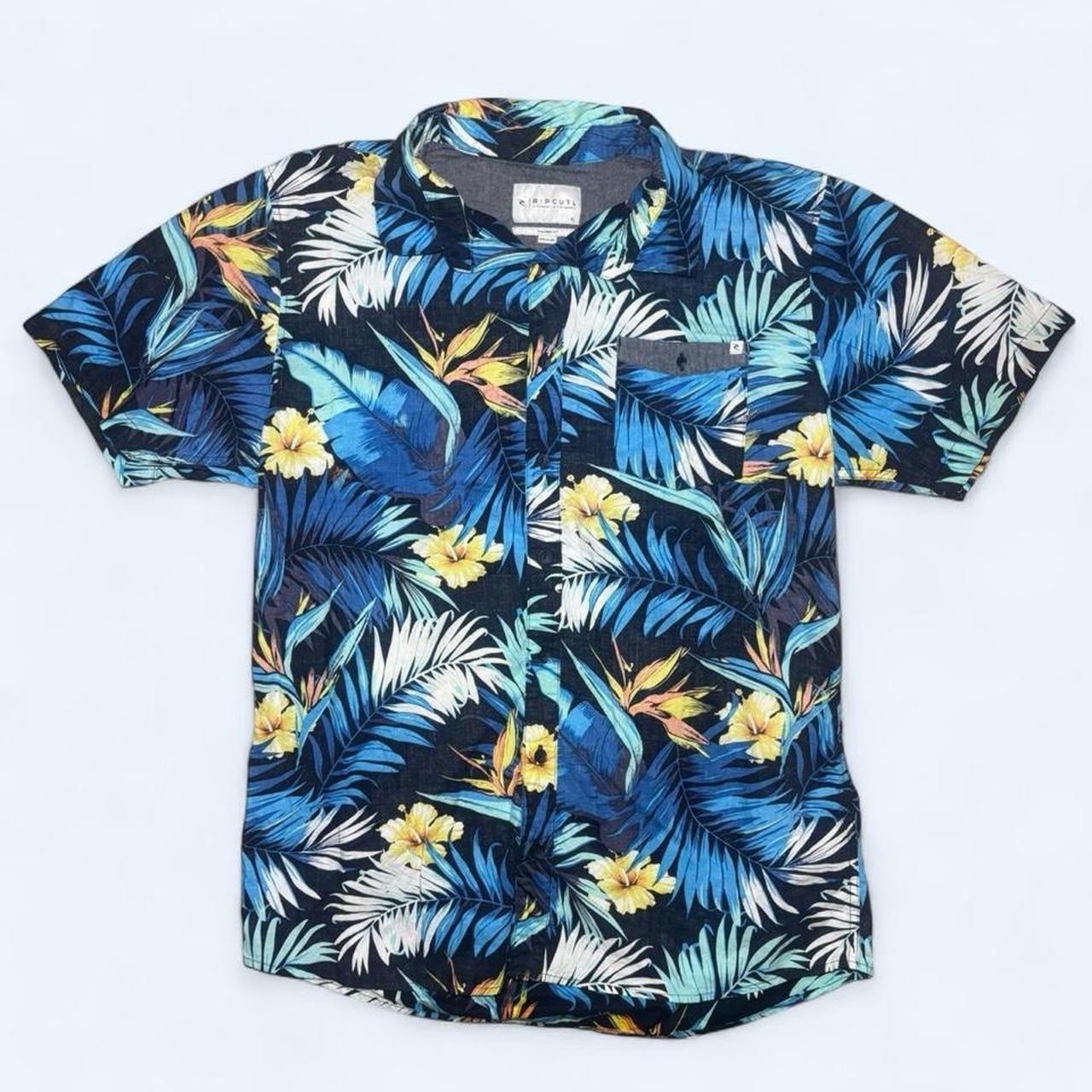 VTG Rip Curl Shirt Mens XL Blue Yellow Floral Tropical Hawaiian Button Up Cotton