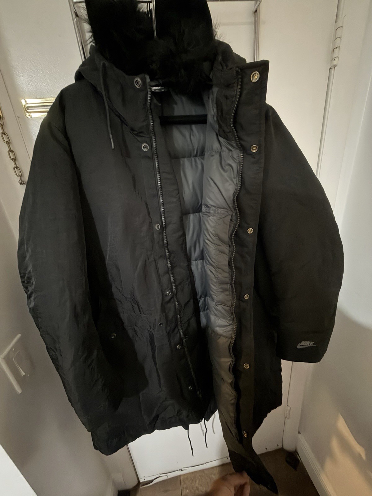 Nike Men’s Black Long Down Insulated Hooded Parka Coat Fur Trim XXL BV4751-010