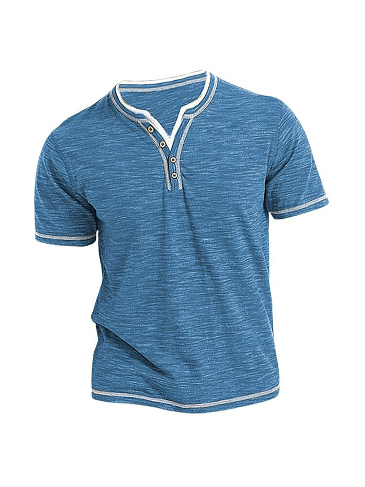 Herren T-Shirt Knopfleiste Vintage Slim V-Ausschnitt Top Hemd Kurzarm Oberteile