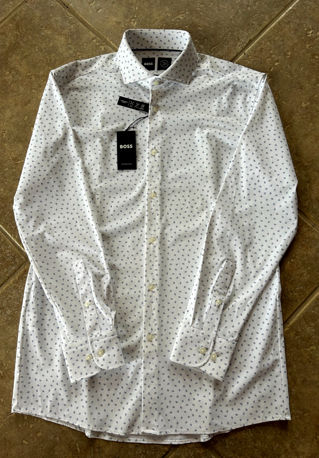 Hugo Boss Max Sharp Fit Performance Dress Shirt 17.5 34/35 Blue Geo $149 NWT