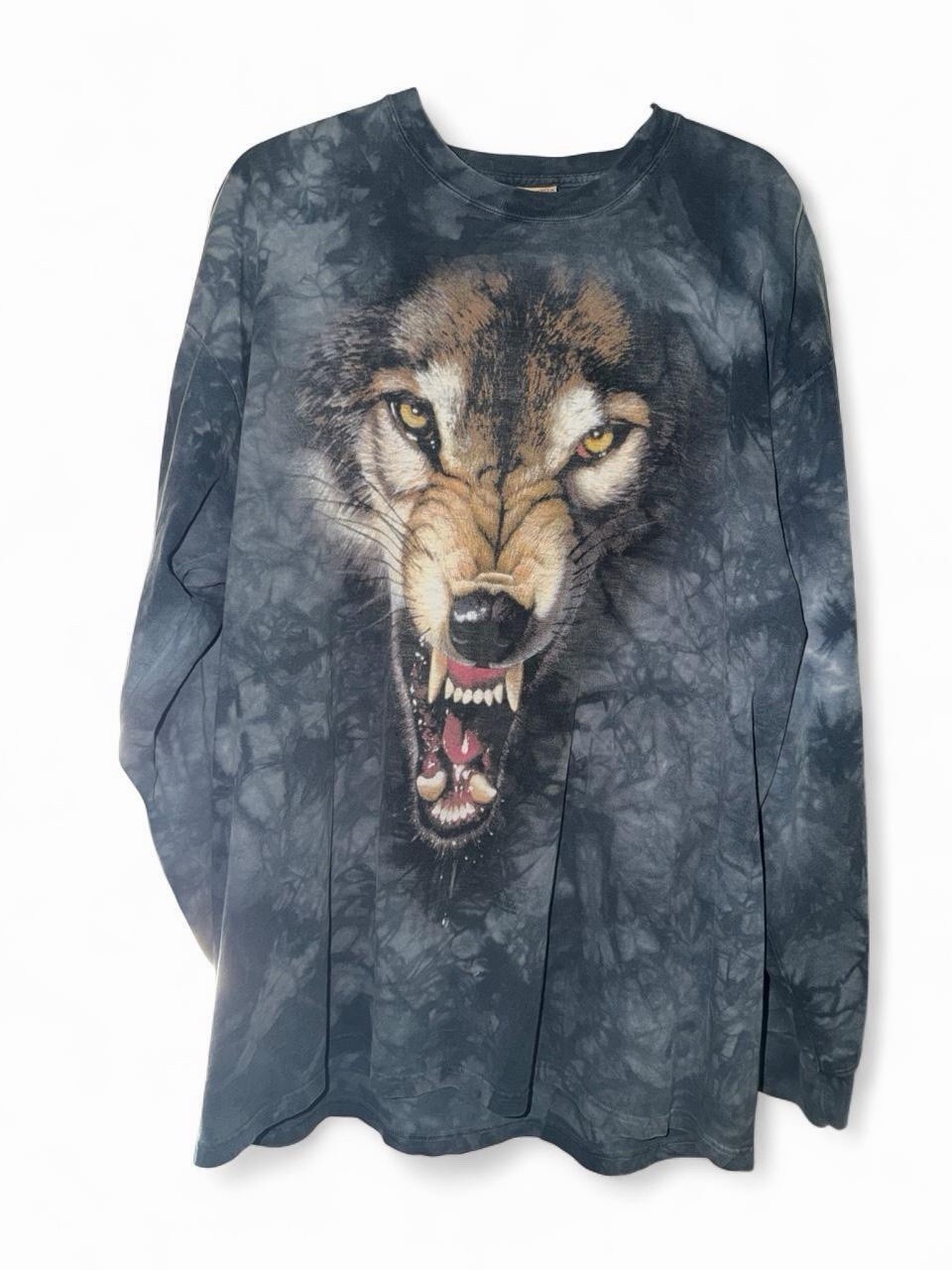 Vintage The Mountain Wolf Big Face Long Sleeve XL Blue Tie Dye USA Made