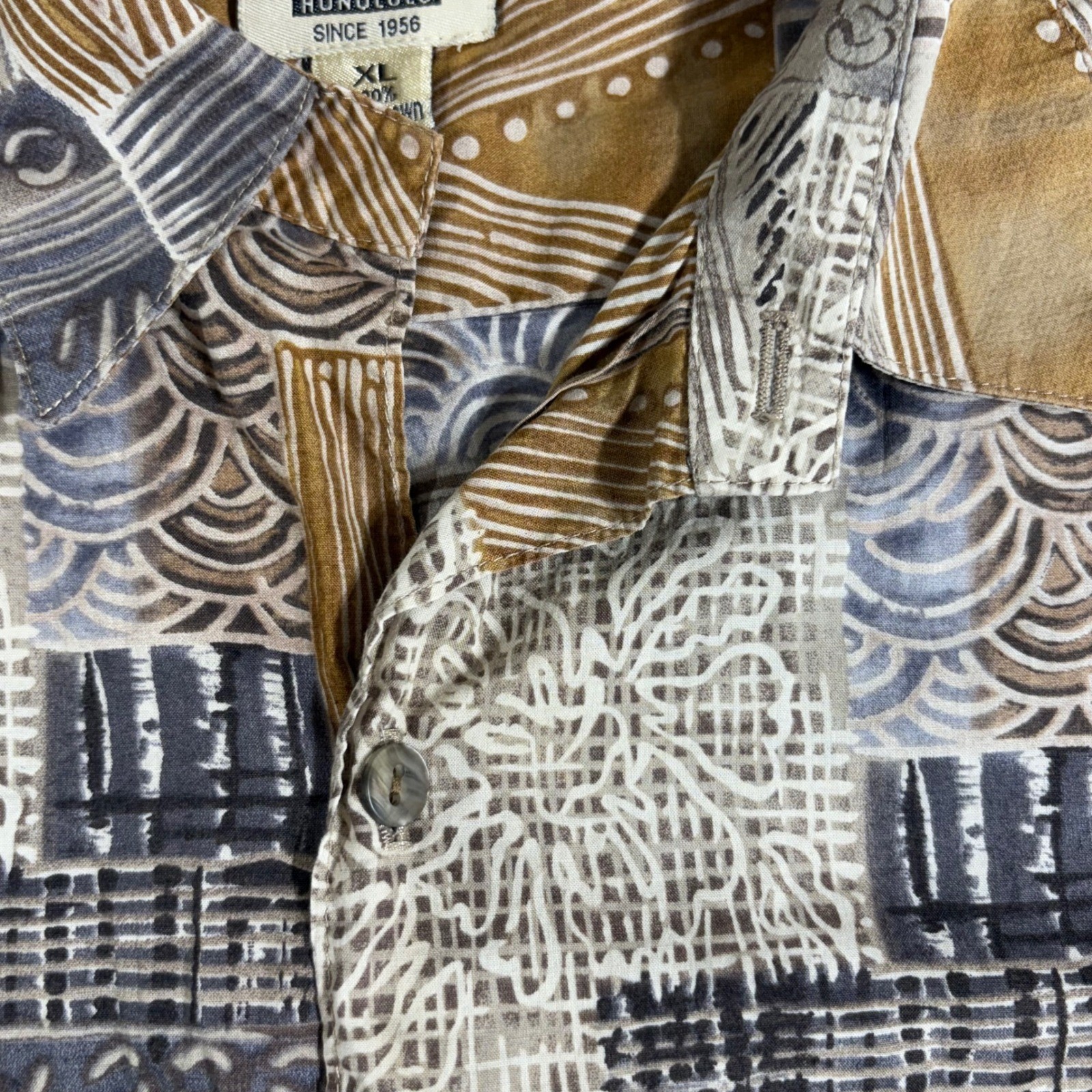 Tori Richard Mens XL Cotton Lawn Shirt Geometric Patchwork Made in Hawaii 8180