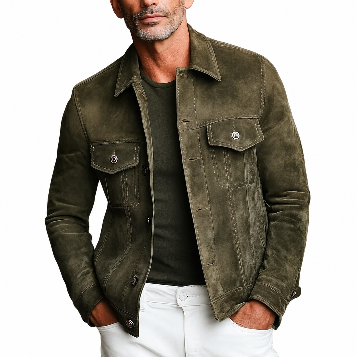 Men Olive Green Suede Trucker Jacket Real Lambskin Style Outerwear Jeans Jacket