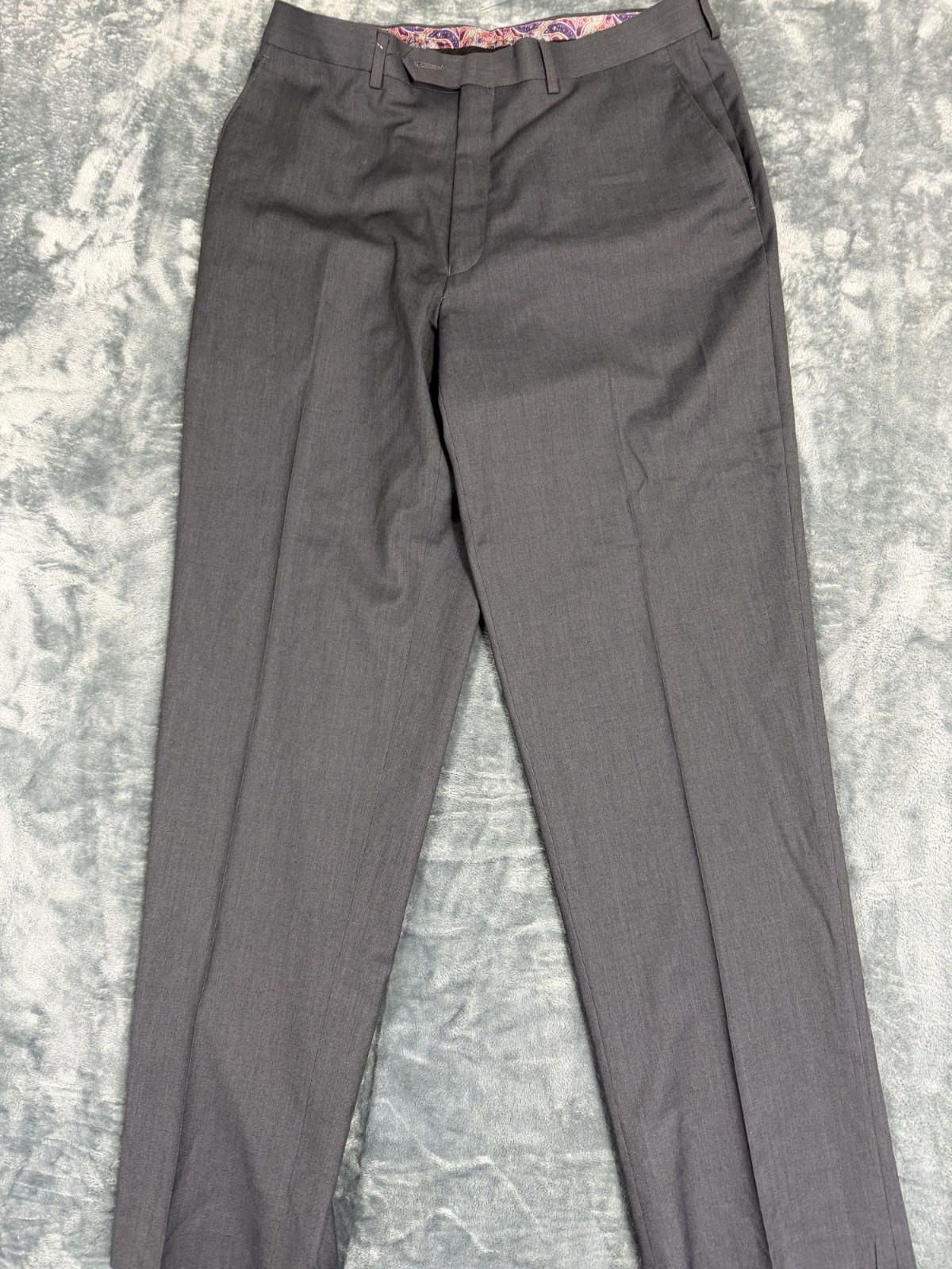 Tallia Mens Gray Dress Pants 34W X 32L Flat Front Polyester Blend Paisley Lining