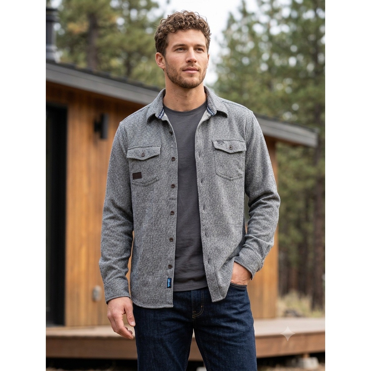 Kavu Mens Herringbone Button Down Shirt Grey White Long Sleeve Large Gorpcore