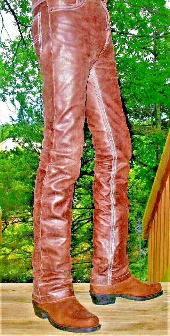Men’s Leather Jeans Pants trouser Premium Quality Cow Plain Leather White Stitch