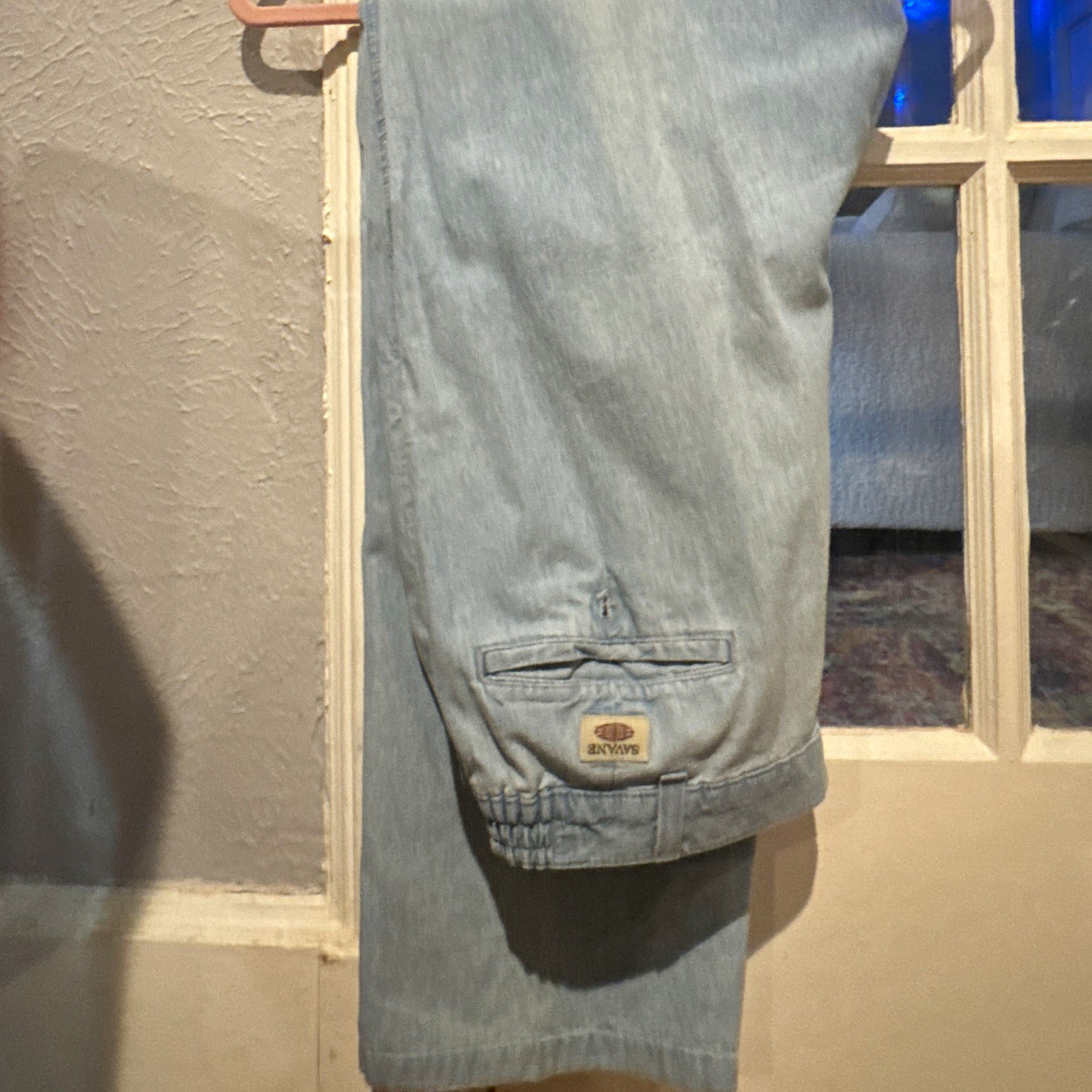 Savane Men’s Pleated Denim Cotton Dress Pants Blue Straight Leg 34W Pockets