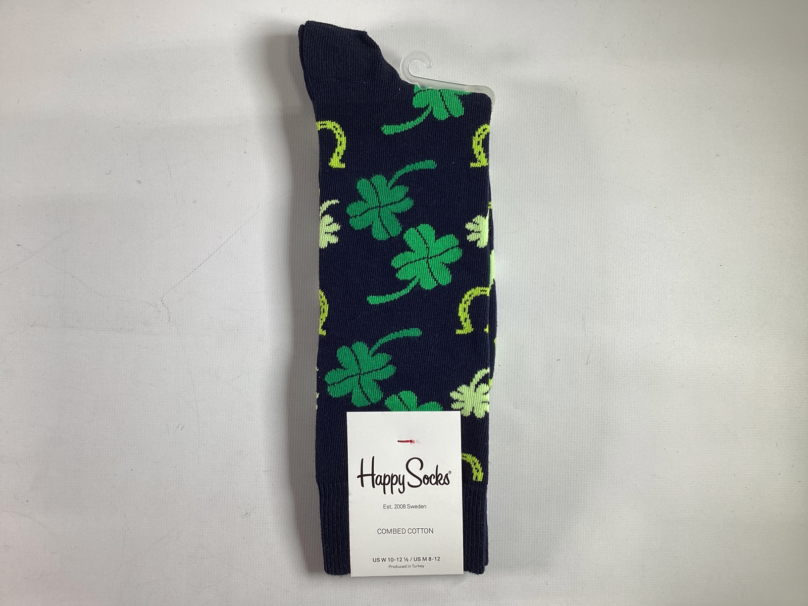 Adult Happy Socks Navy Clover Horseshoe Combed Cotton Socks M 8-12 W10-10.5 NEW