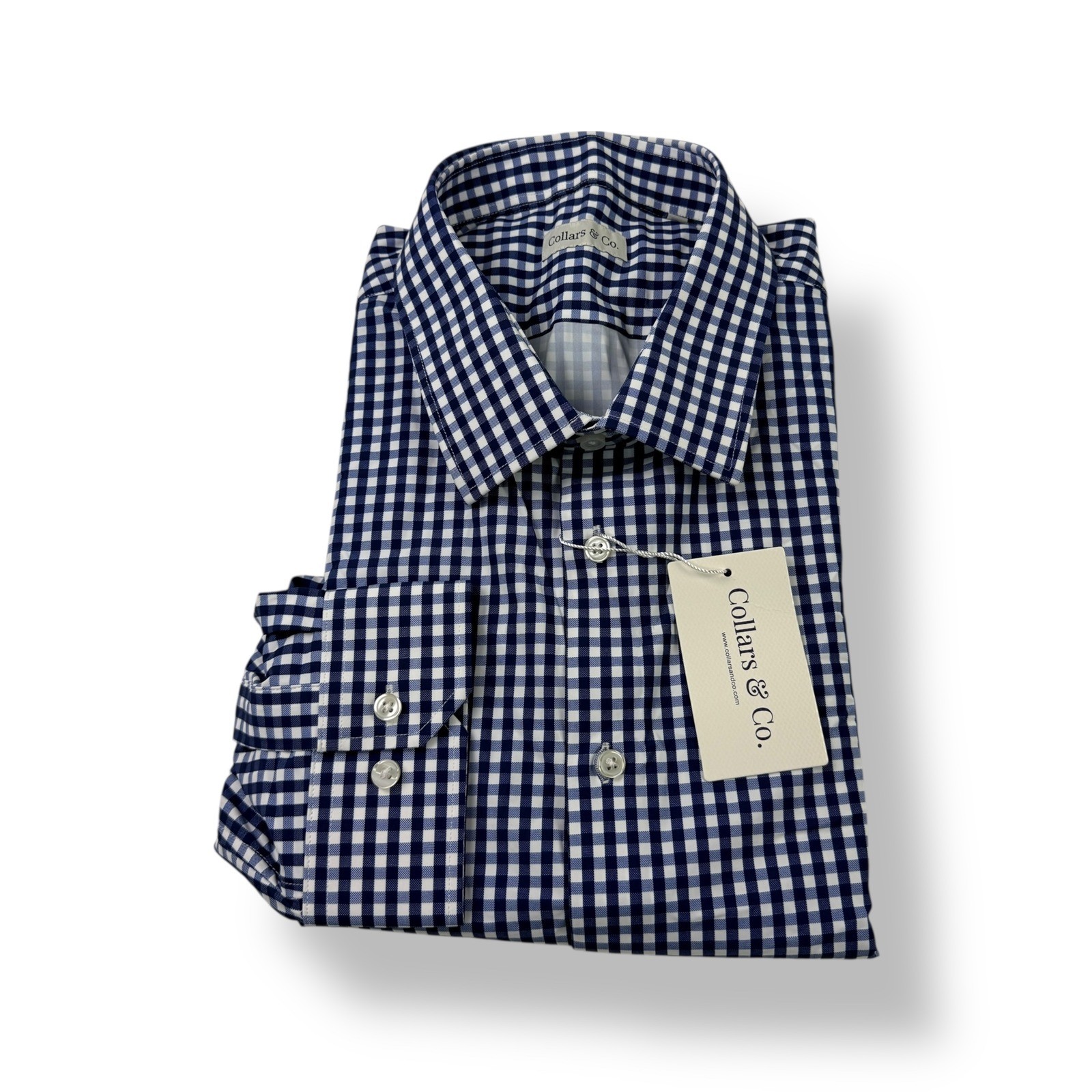 Collars & Co Mens 3XL Navy Gingham Button Down Dress Shirt Stretch Nylon NWT