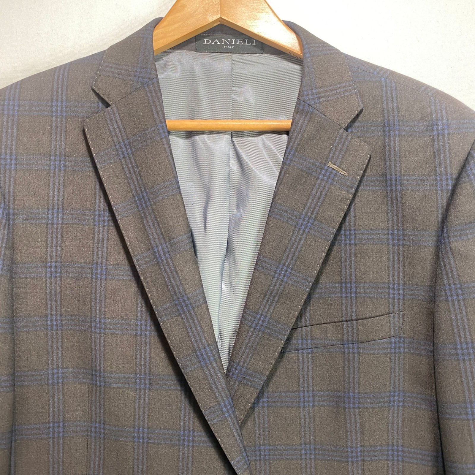 Danieli Italy Dolcetto Jacket Mens 44L Wool Plaid Two Button Blazer Brown Blue
