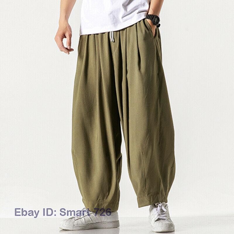 Men’s Chinese Style Loose Harem Casual Pants Yoga Kung Fu Wide Leg Long Trousers