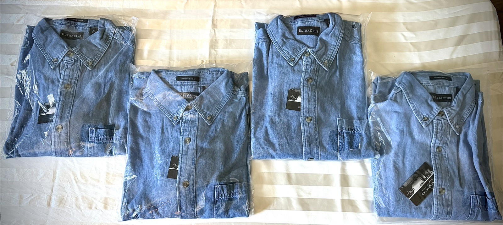 UltraClub Men’s Blue Denim Button-Front Shirt Medium Long Sleeve Point Collar