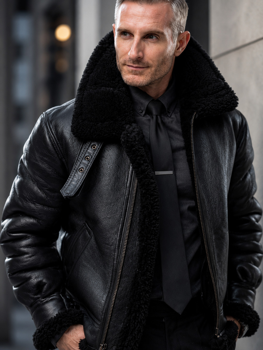 Sheepskin B-3 Leather Jacket, Authentic Black Nappa Leather Aviator Bomber Coat