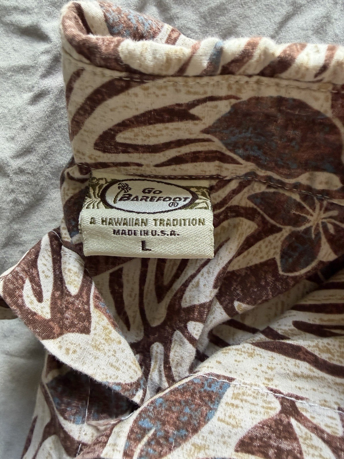 Go Barefoot Men’s L Brown/Beige Hawaiian Tropical Floral Woven Button-Up Shirt