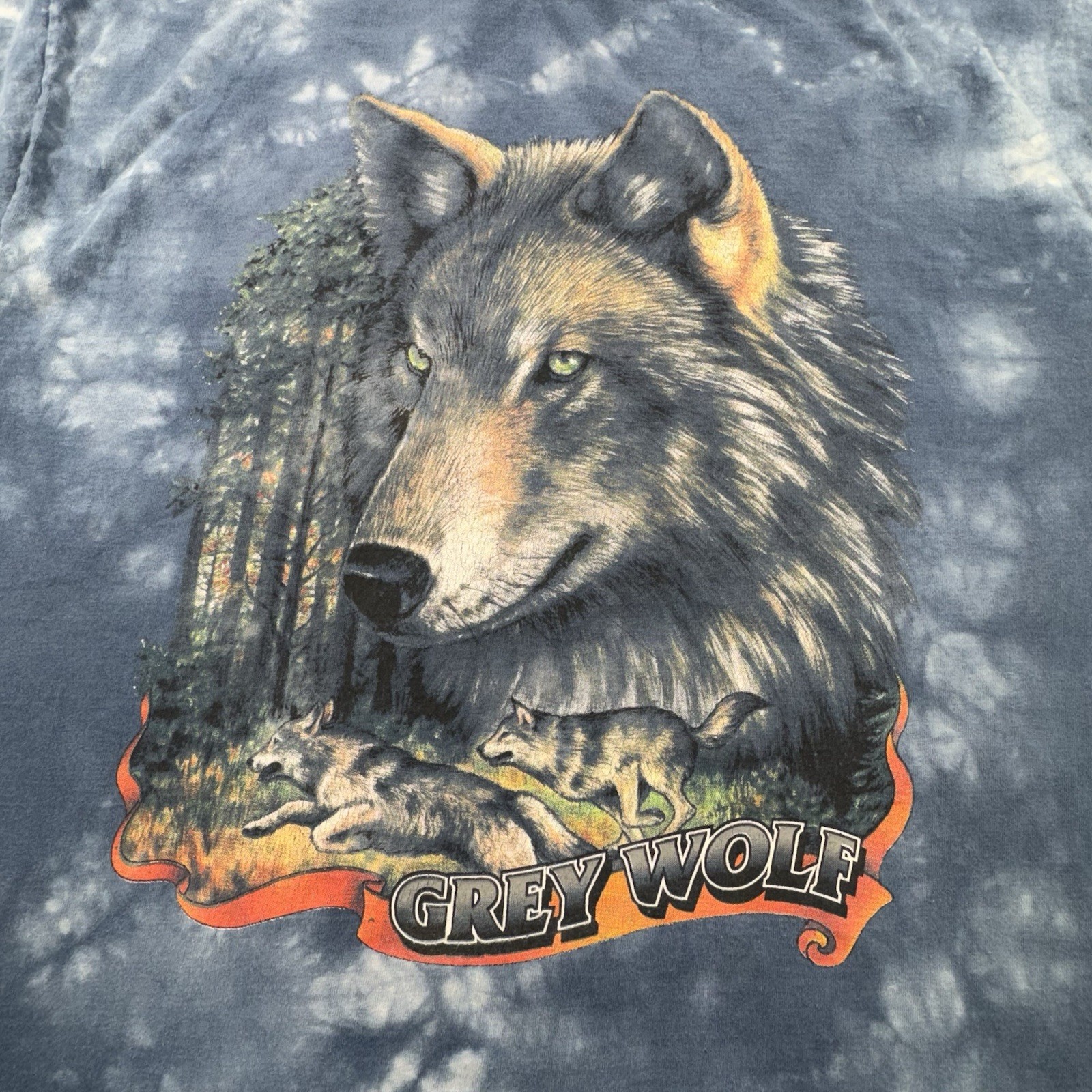 Vintage Wolf Shirt Mens XL Blue Bleach Dyed Grey Wolf Wildlife Nature 90s Tee