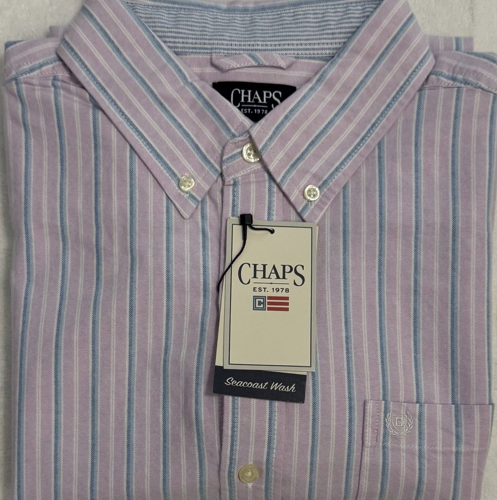 New Chaps Men’s Casual Short Sleeve Shirt Lavender Mist Stripe Size L $19.99