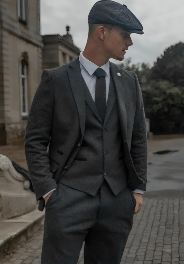 Men’s Grey Tweed Wool Suit | 3-Piece Vintage Suit for Weddings & Groomsme