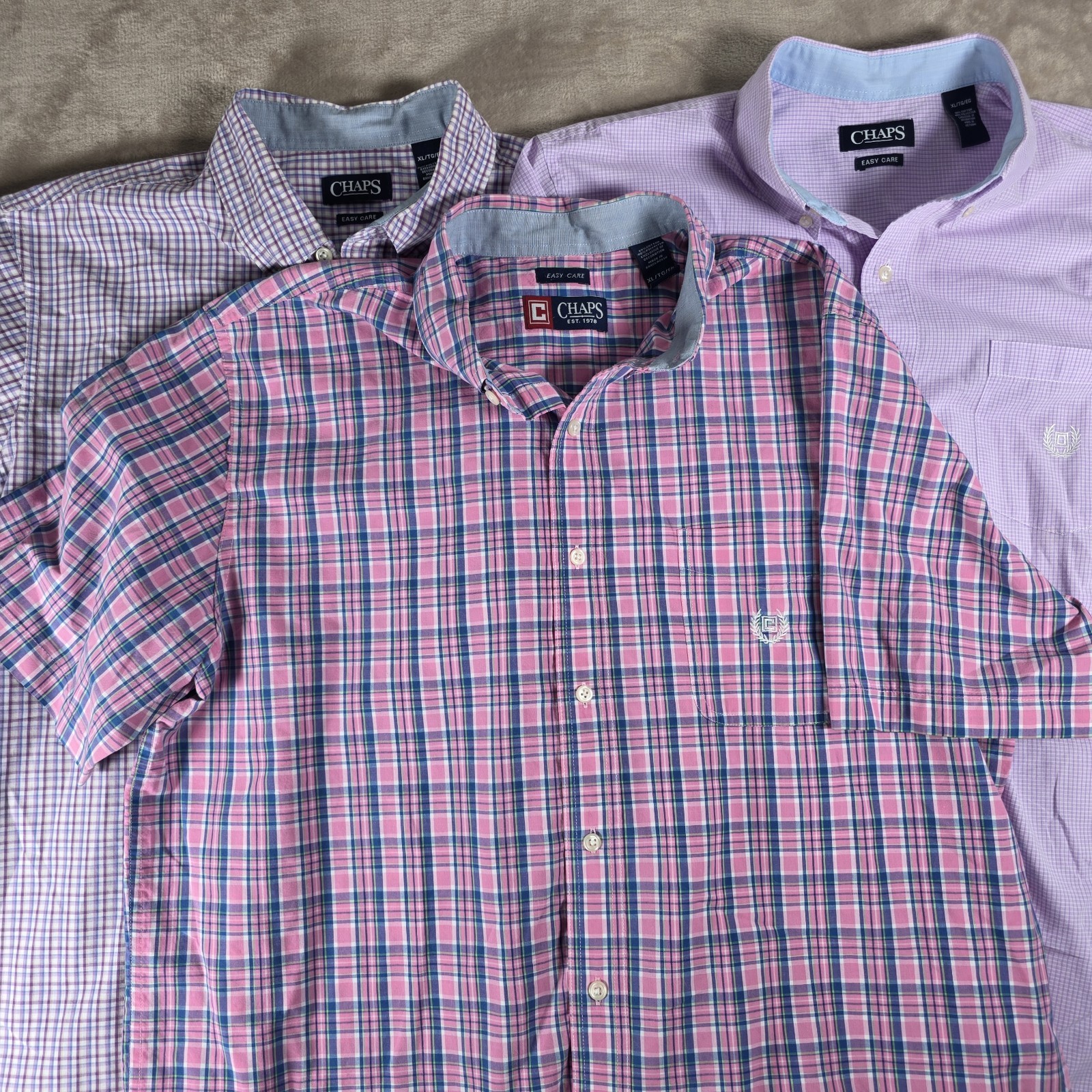 Lot Of 3 Mens Sz XL Short Sleeve Button-up Shirts Chaps Cotton EUC Gingham Pink