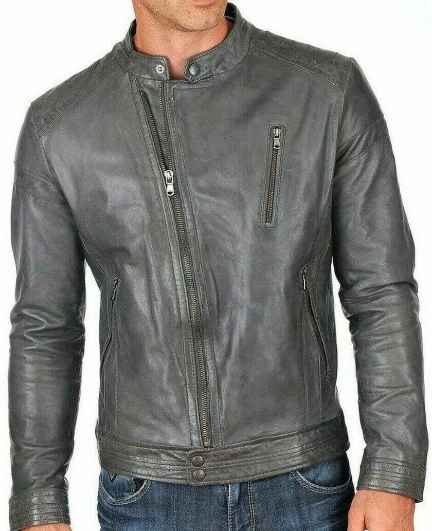 Men’s Vintage Grey Motorcycle Leather Jacket Snap Tab Lambskin Outerwear Coat