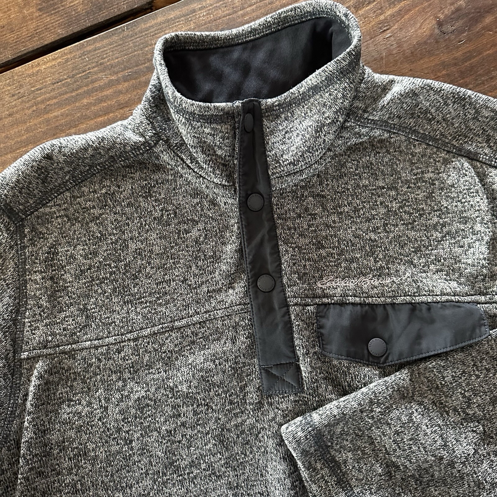 Eddie Bauer Sweater Mens Large Gray Snap Mock Neck Fleece Knit Pullover Casual