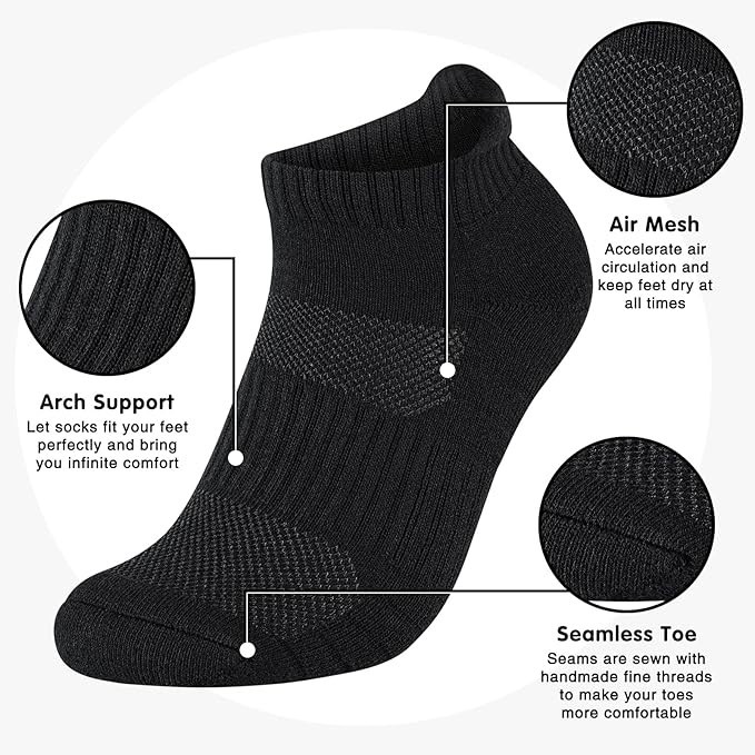 Mens 100% Cotton Ankle Socks, Athletic Cushioned Performance Running Moisture