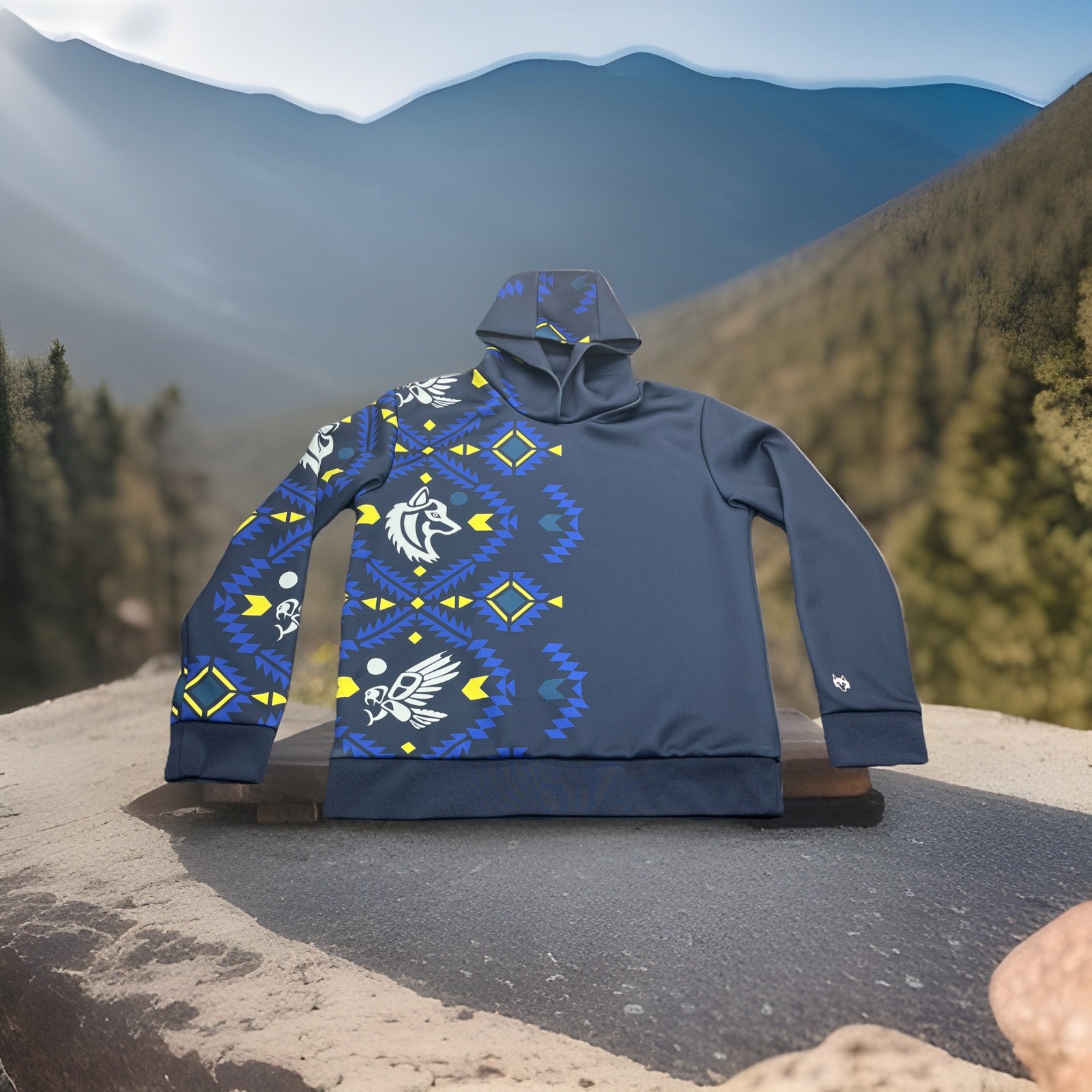 Greyson Hoodie Men L Large Full Woolf And Eagle Print Southwestern Pattern Blue
